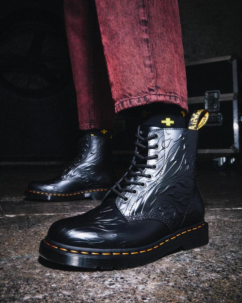 Black Men's Dr Martens 1460 Flames Emboss Leather Lace Up Boots | CA 509BEX